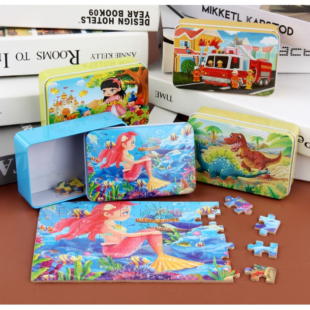 Đồ chơi tranh ghép hộp sắt 60 mảnh puzzle nhiều chủ đề