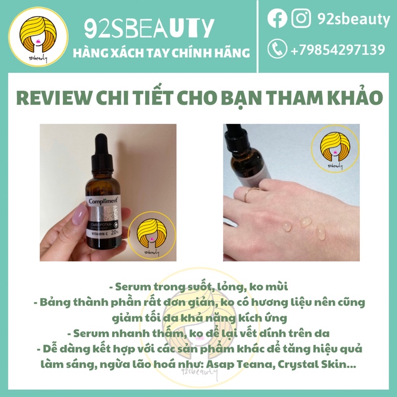 Serum Compliment Vitamin C 20% sáng da, mờ thâm, ngừa lão hoá