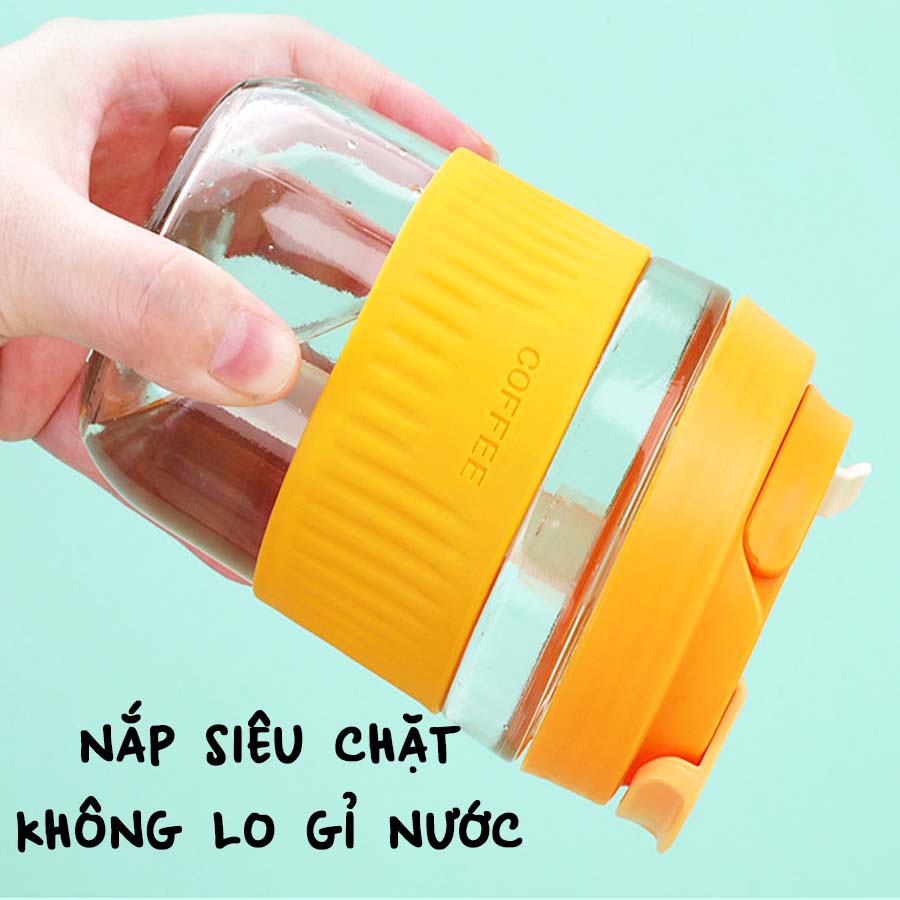 Bình Nước Thủy Tinh Bọc Silicone Kèm Ống Hút Nắp Bật Tiện Lợi Cho Bé, Người Lớn BTT007