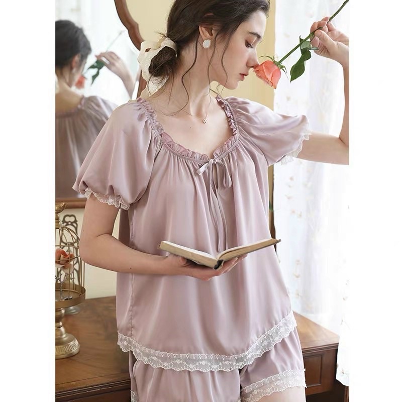 BỘ LỤA NHÚN CỔ PHỐI REN QUẢNG CHÂU CAO CẤP