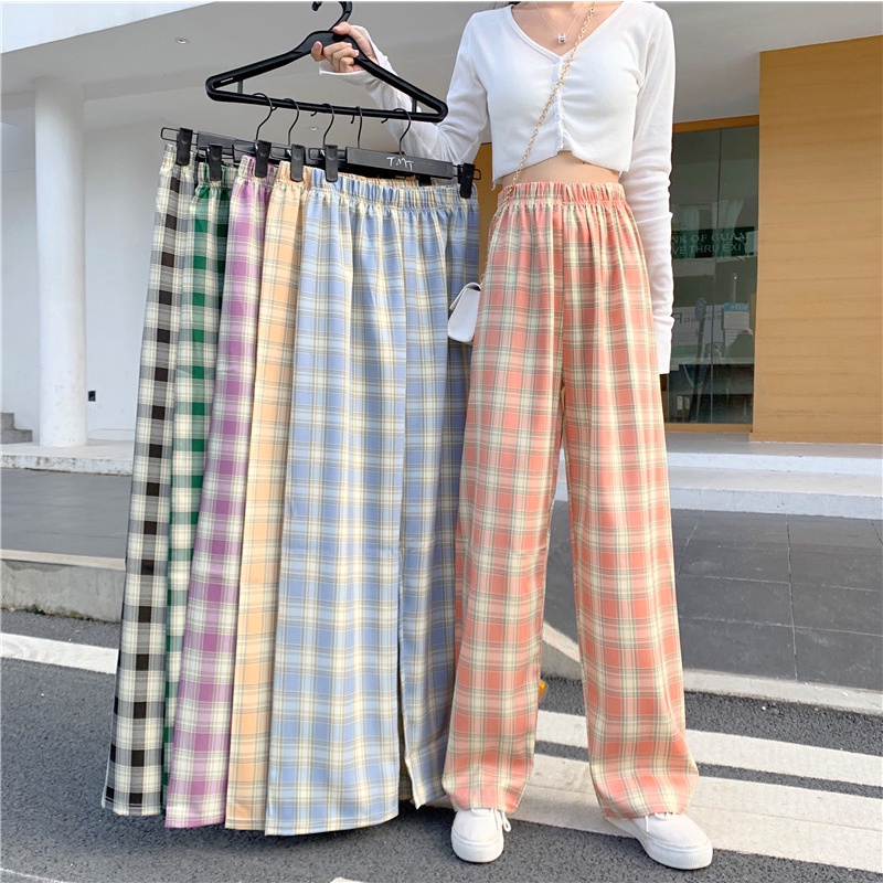 Quần ống rộng lưng thun họa tiết kẻ sọc suông kiểu dáng rộng rãi
