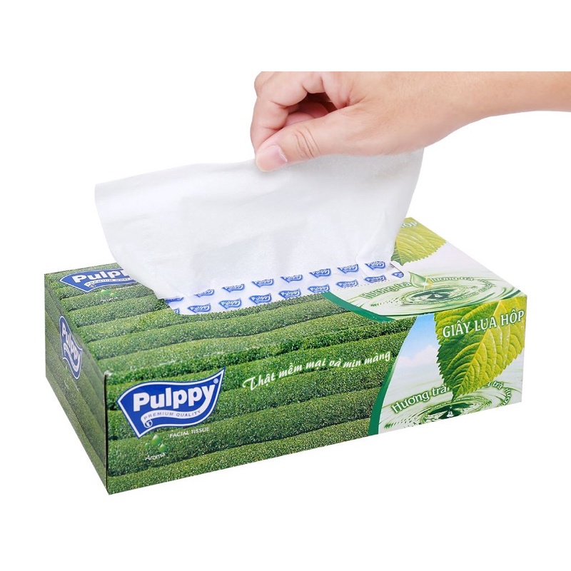 Khăn giấy hộp Pulppy trà xanh - Giấy lụa 100 tờ x2 lớp