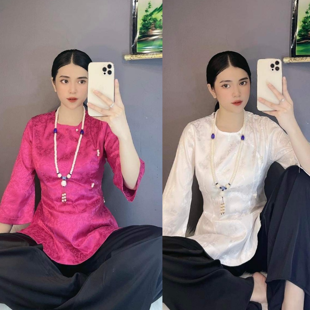 ĐỒ LAM ĐI CHÙA # ÁO BÀ BA GẤM XINH # set Phật tử lụa vân hoa kiểu cài lệch kèm quần AB23