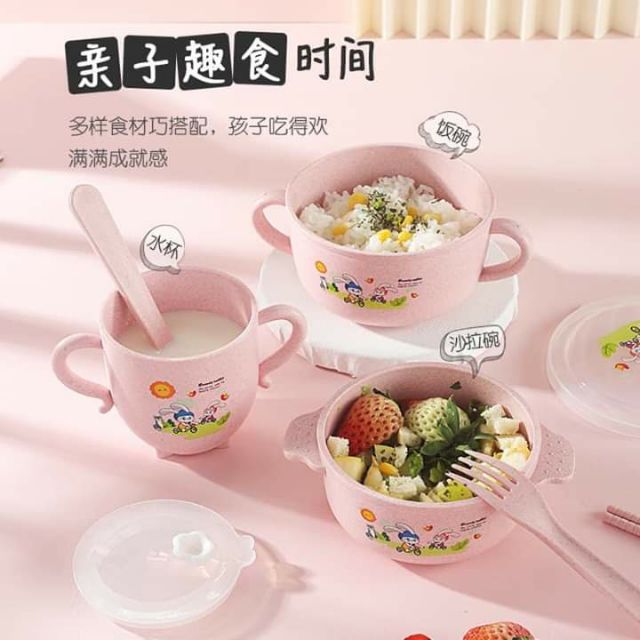 Combo 6 món gồm:1 cốc+ 2 bát+ thìa, dĩa, đũa chất liệu lúa mạch an toàn cho bé