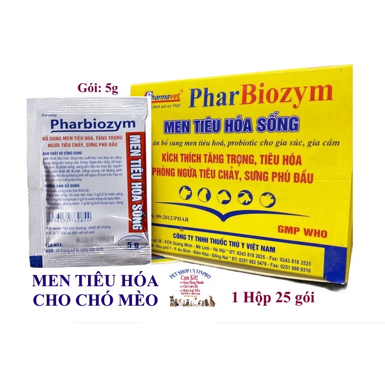 1 Hộp Men tiêu hóa sống cho Chó Mèo dạng bột Pharbiozym Pharmavet Hộp 25 gói 5g Giúp tăng sức đề kháng cho hệ tiêu hóa