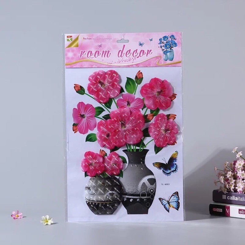 Tranh dán tường 3D hình lọ hoa các kiểu nhiều hình, Decal dán tường 3d Phòng Ngủ xinh xắn