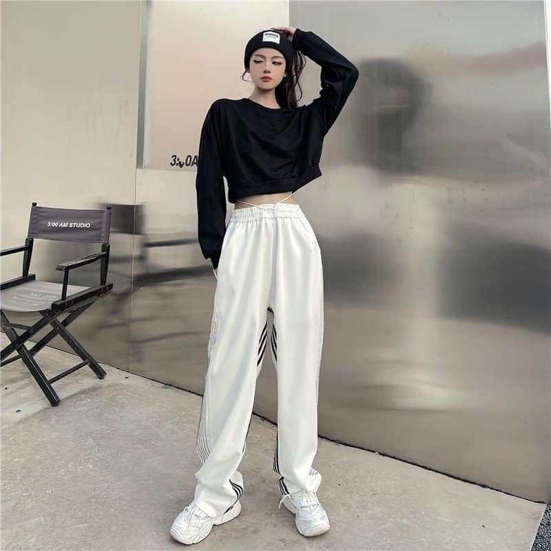 Quần Ống Rộng 3 Sọc Form Dài Chất Da Cá Vải Công Ty Dày- Quần Culottes Cạp Chun Dáng Hàn
