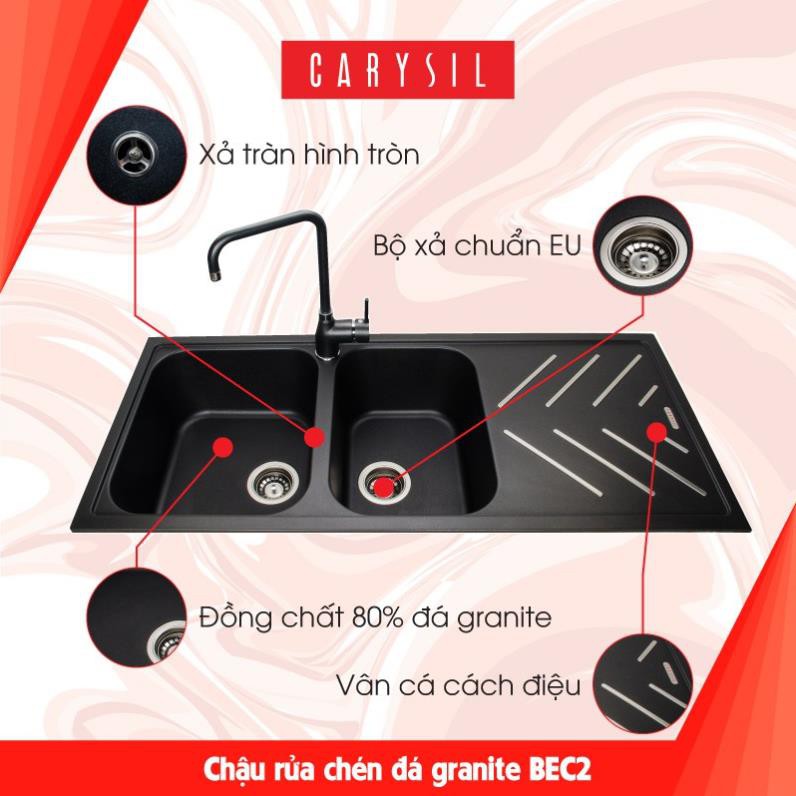 Chậu Rửa Chén Đá 2 Hố Có Cánh Granite Carysil BEC2-03 - Màu Đen - 1160x500mm