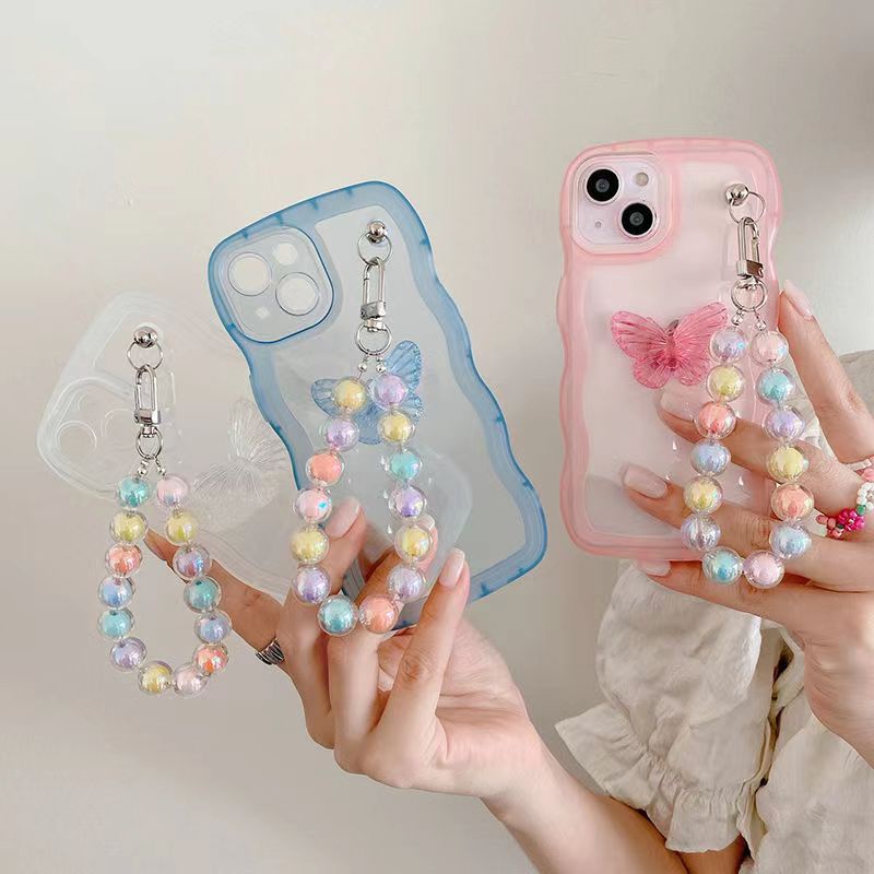 Ốp Điện Thoại Dẻo Trong Suốt Kèm Dây Đeo Chuỗi Hạt Hình Bướm/Cầu Vồng Cho OPPO A72 R15 R17 Reno 3 4 5 6 7 8 Pro
