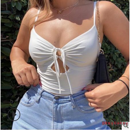 Áo Croptop Sát Nách Cổ Chữ V Màu Trơn Dáng Ôm Phối Dây Đan Chéo Gợi Cảm Cho Nữ