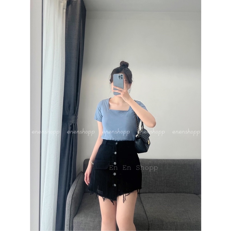 Chân váy kaki jeans khuy cài