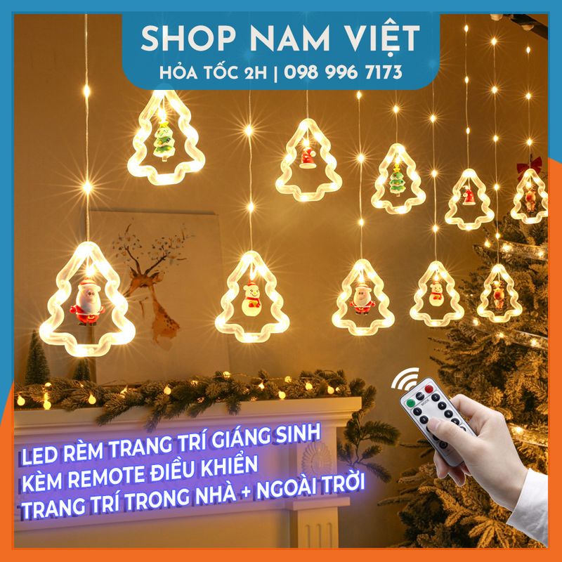 Dây LED Rèm Trang Trí Giáng Sinh Noel 10 Chi Tiết Ngang 3m, Kèm Remote