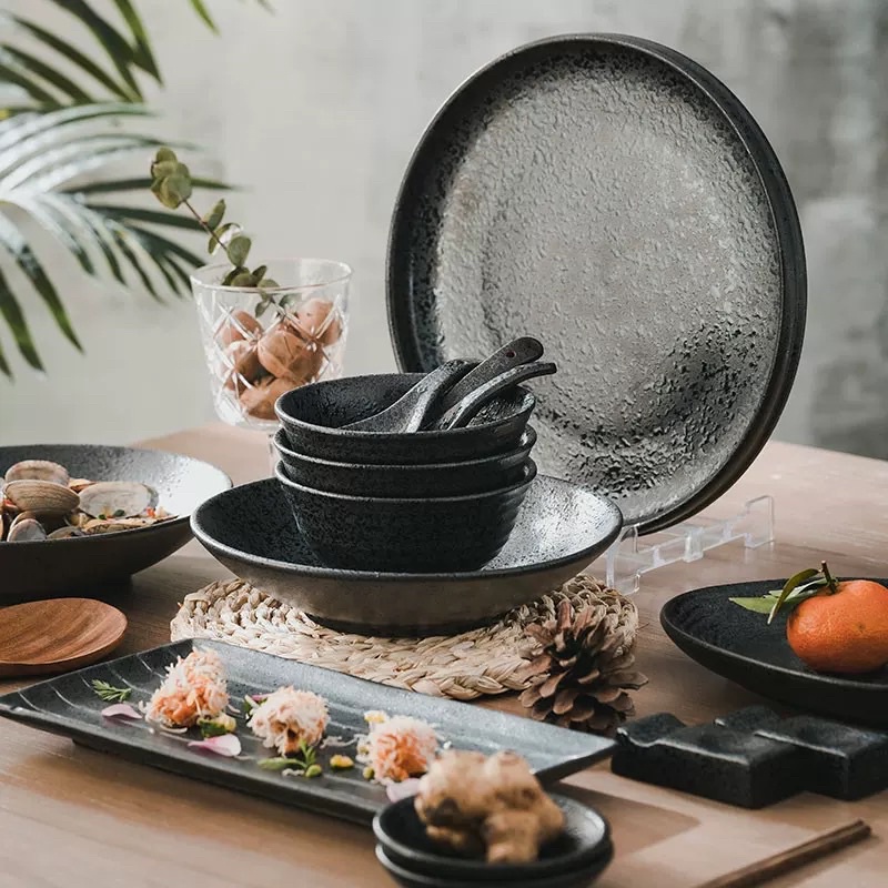 Bộ bát đĩa gốm Nhật màu đen cổ điển chống xước phong cách Nhật Bản