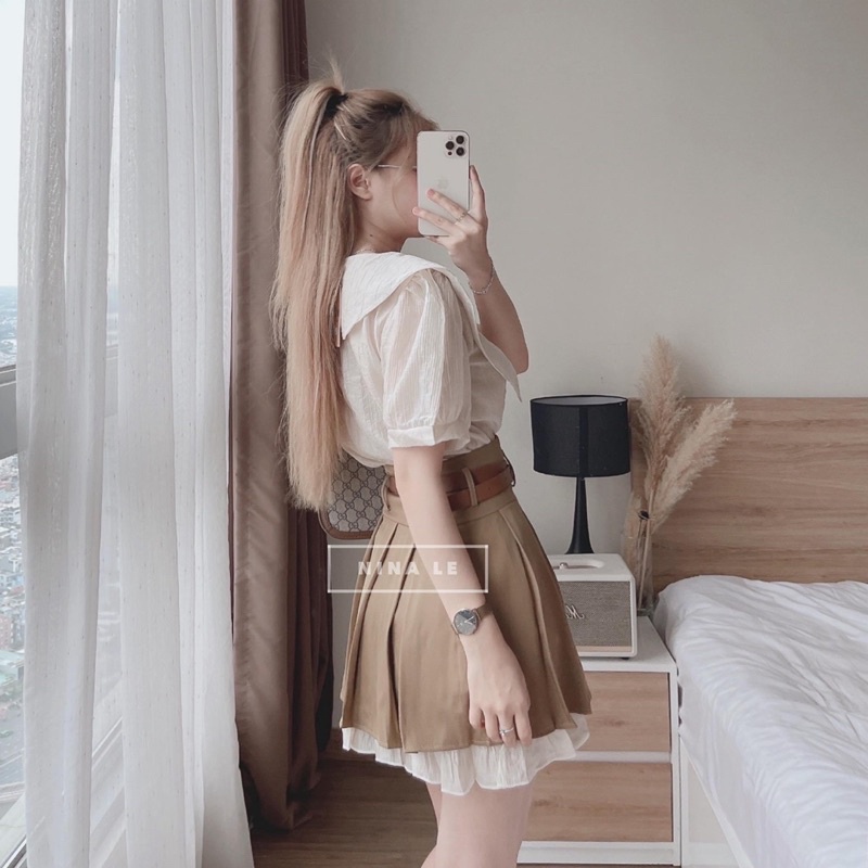 Set Áo Sơ mi Cổ Nhọn Mix Chân Váy Xếp Ly Nâu Chất Đẹp
