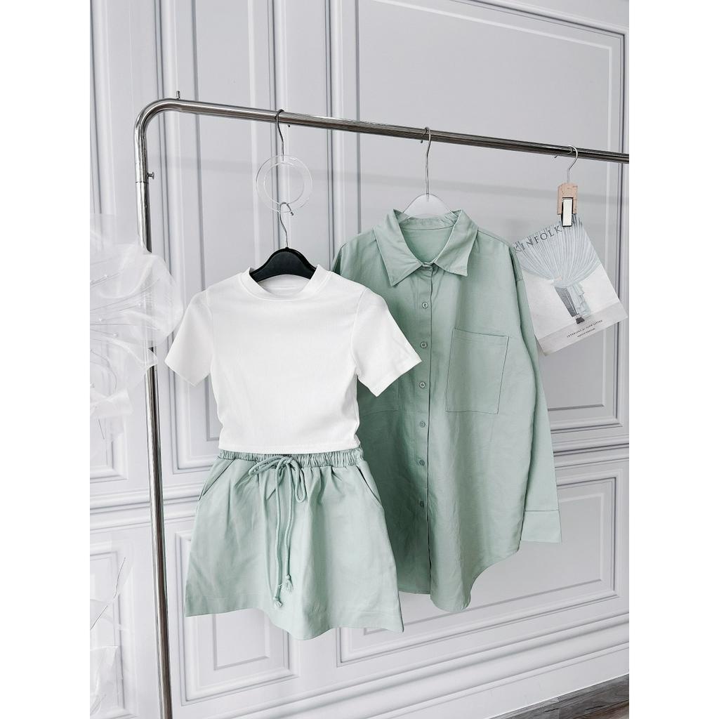 SET 3 MÓN XANH MINT: ÁO SƠ MI XANH + ÁO TRẮNG + QUẦN SHORT LƯNG THUN RÚT DÂY (TH)