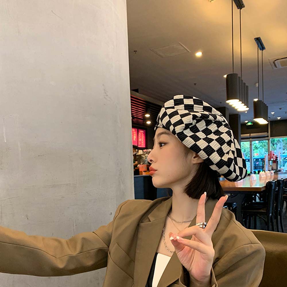 Mũ nồi vải nhung kẻ sọc caro phong cách Hàn Quốc cổ điển thời trang thu đông độc đáo cho nữ