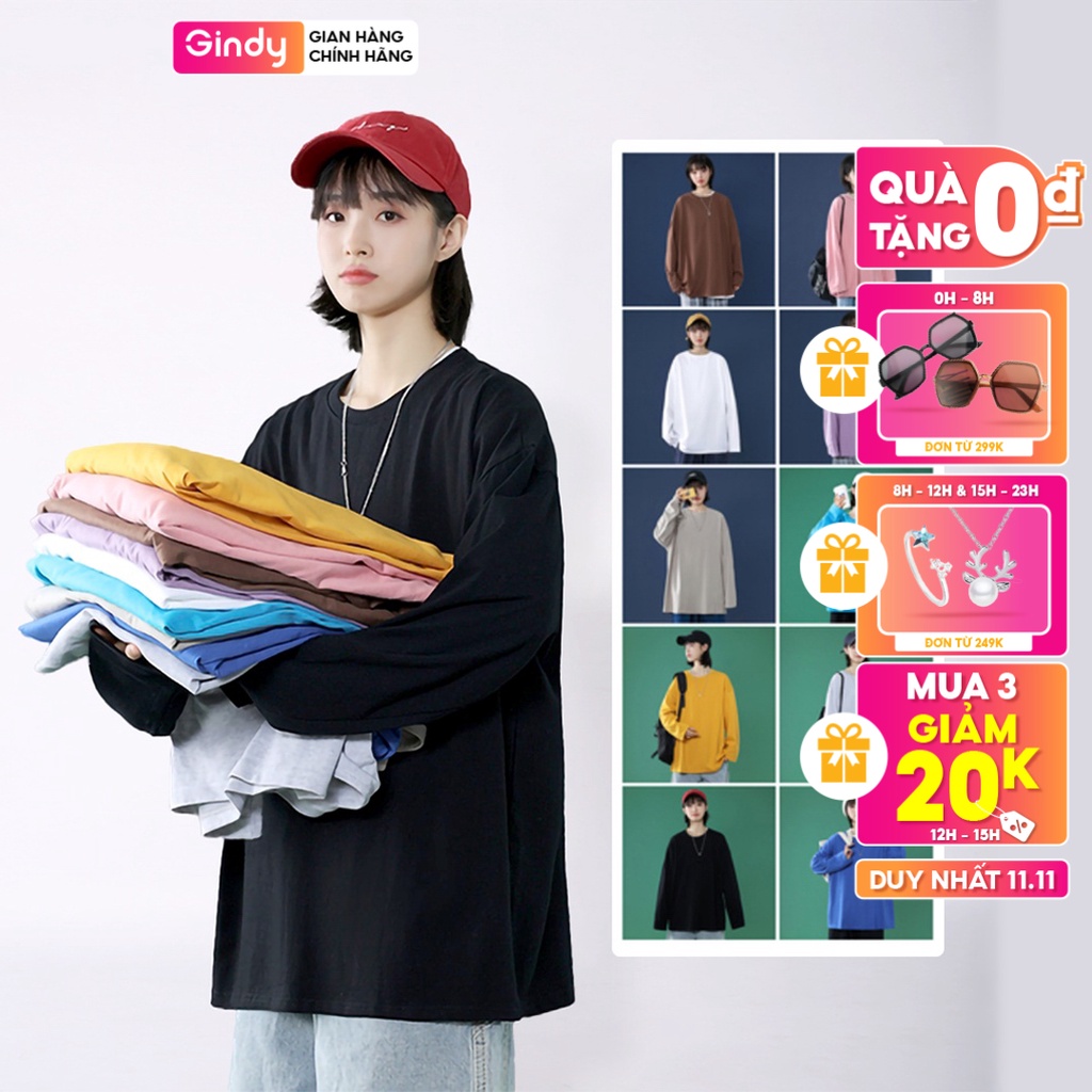 Áo thun phông form rộng dài tay GINDY cổ tròn unisex nam nữ basic vải cotton 100% co dãn thời trang thu đông 2021 A9102