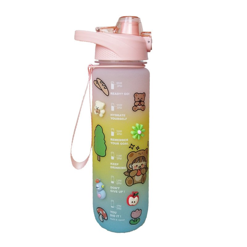 Bình Nước Cao Cấp 1000ml, bình nước cute có dây đeo và ống hút tiện lợi, bình có tặng kèm Hình Dán 3D siêu xinh
