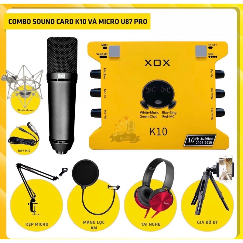 Combo thu âm live Micro AQTA U87-Pro Sound card XOX K10 Jubilee Kèm full PK, Hỗ trợ thu âm, karaoke online chuyên nghiệp