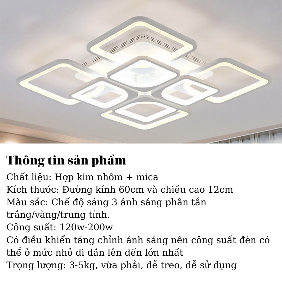 Đèn mâm ốp trần vuông 5-8 cánh điều khiển từ xa 3 chế độ ánh sáng,trang trí phòng khách,bếp,ngủ,BH 12 tháng