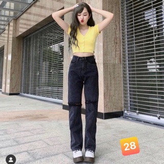 Quần jeans nữ đen rách gối