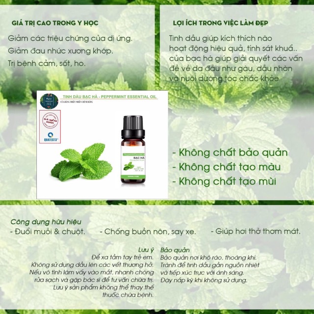 Tinh Dầu Bạc Hà 10ML 100% Nguyên Chất Organic - Chai nhỏ giọt [ Peppermint Essential Oil ]