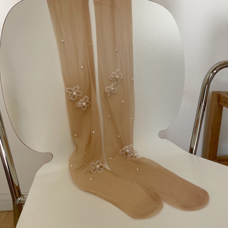 Quần tất nữ vải lụa siêu mỏng xuyên thấu đính ngọc trai giả hình bông hoa quyến rũ cho nữ