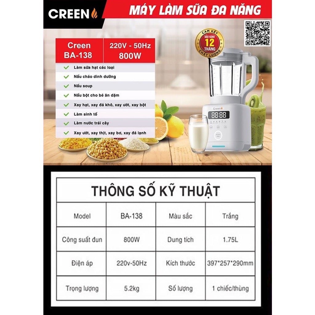 [Mã 273ELHA100K0 hoàn 7% đơn 500K] [Nhập Khẩu- BH 12th] Máy làm sữa hạt, máy làm sữa đậu nành Nineshield / CREEN