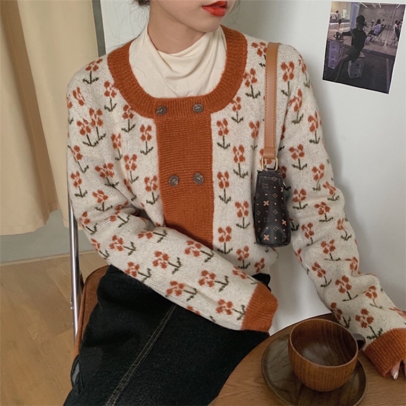 Áo cardigan len dài tay hoạ tiết hoa nổi bật nữ tính [Order]