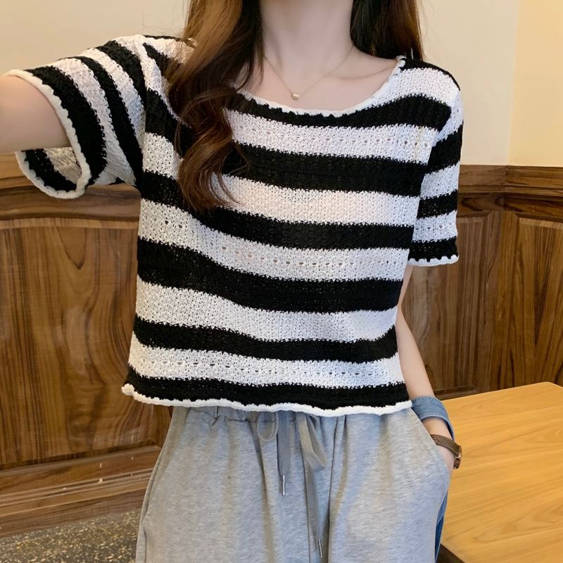 Áo Thun Dệt Kim Ngắn Tay Cổ Tròn Họa Tiết Kẻ Sọc Dáng Rộng Thời Trang Cho Nữ JL-TX-193