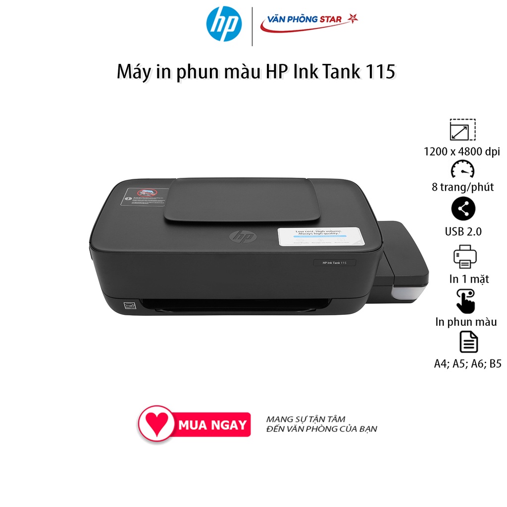 Máy in phun màu HP Ink Tank 115 2LB19A Tốc độ in đen trắng 19 trang/phút Tốc độ in màu 15 trang/phút 4800 x 1200 dpi