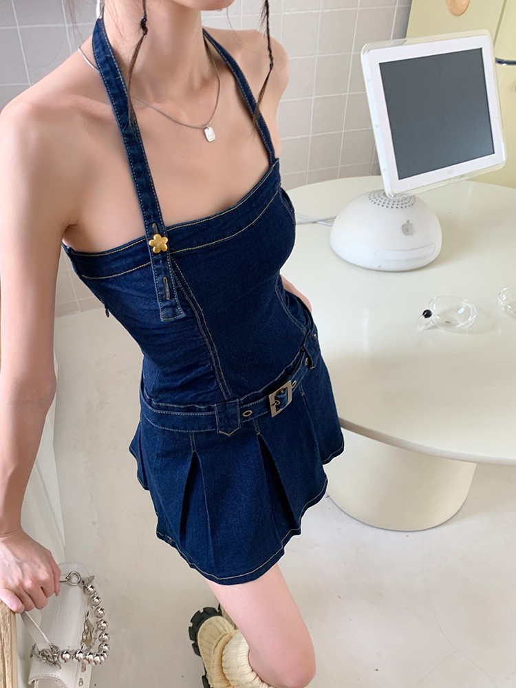 Đầm Denim / Áo Cardigan Hai Dây Xẻ Tà Phong Cách Mới 56034