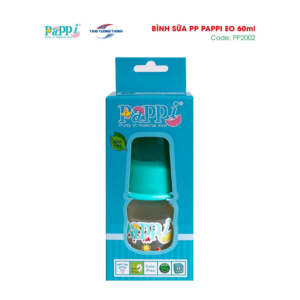 Bình sữa cổ hẹp, Bình sữa sơ sinh Pappi nhựa PP 60ml Thailand