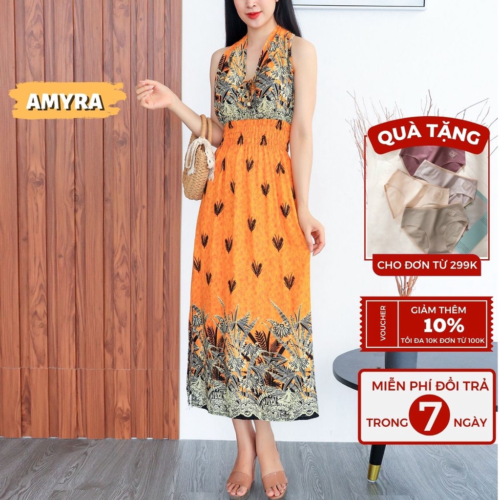 Đầm maxi trung niên xẻ tà thổ cẩm mùa hè AMYRA - Váy maxi đi biển eo bo thun lanh thái cao cấp thoáng mát MX102