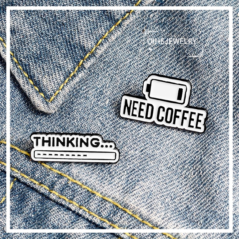 Ghim cài áo QIHE JEWELRY kiểu hoạt hình Thinking/ Need Coffee làm quà tặng ngày của cha