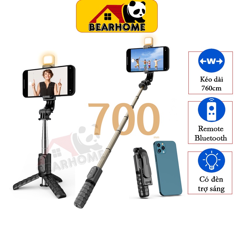Gậy chụp hình bluetooth 3 chân BEARHOME. Tripod Có đèn led 6 màu, Chân đế chắc chắn, Selfie từ xa