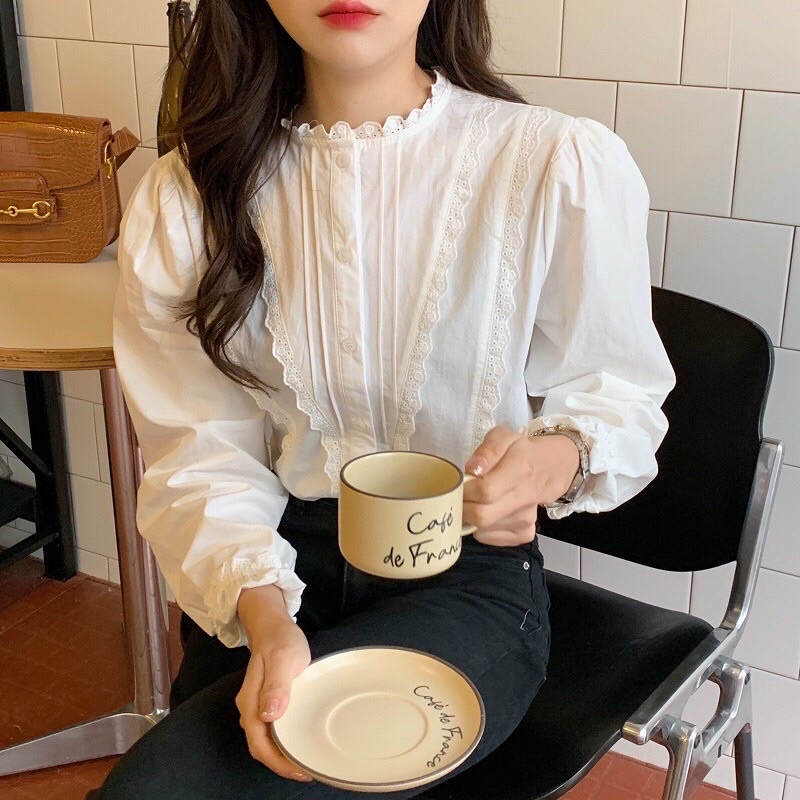 Áo sơ mi cổ tròn viền ren 2 màu - Áo babydoll viền ren chéo lệch ulzzang