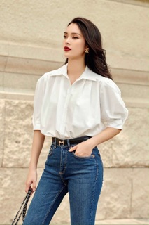 Sơ mi cotton lụa trắng tay phồng -HBSM759