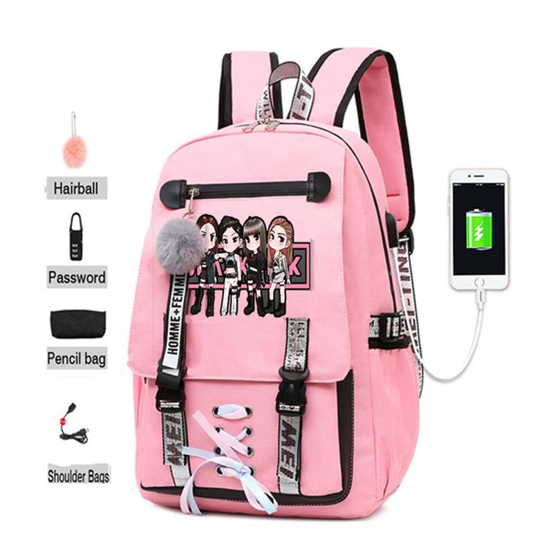 Balo Đi Học Cỡ Lớn In Họa Tiết Hoạt Hình BLACKPINK Kèm Sạc USB Tiện Dụng Thời Trang Cho Nữ # 1