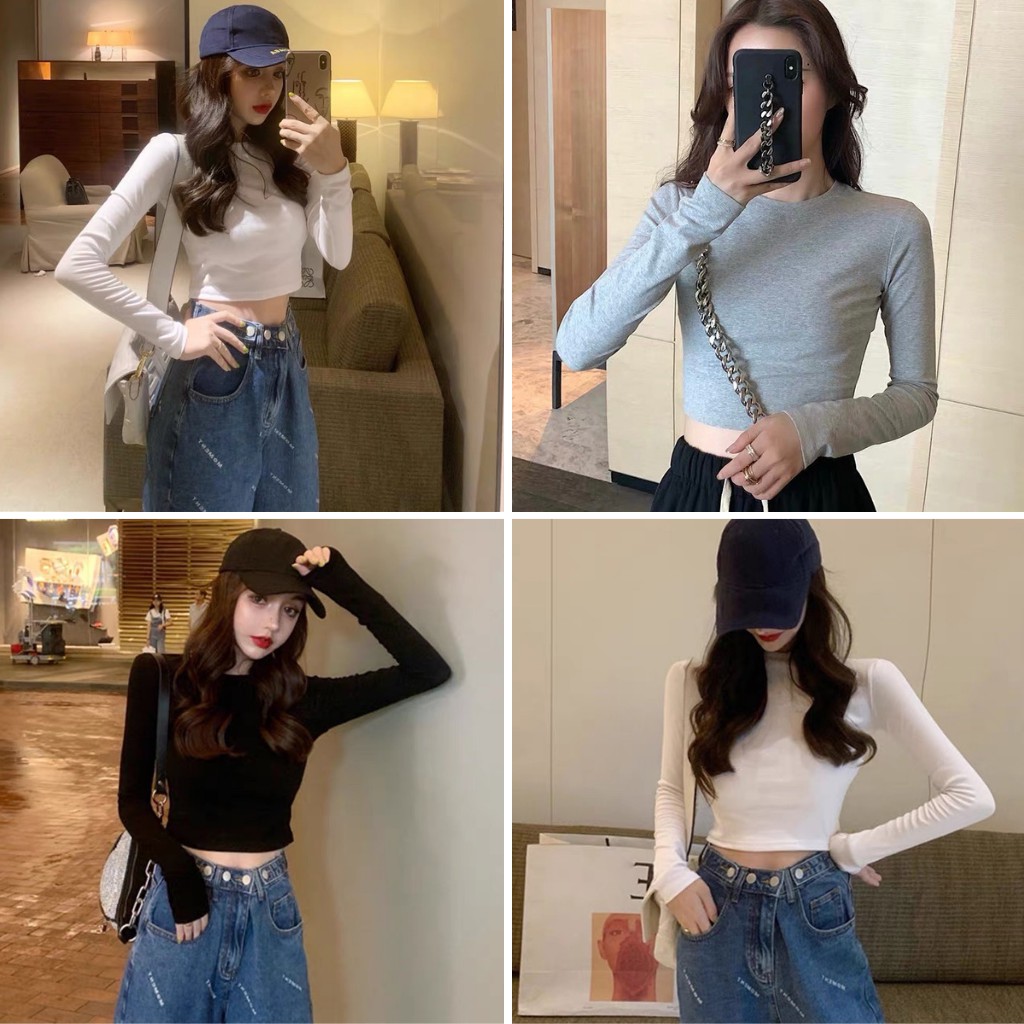 Áo croptop cổ tròn dài tay chất thun co giãn