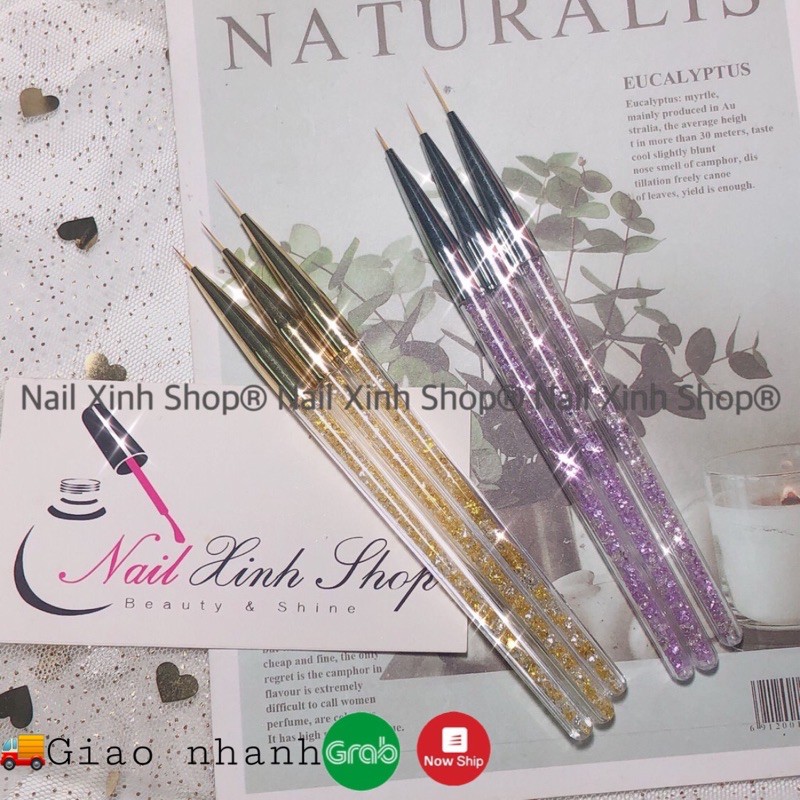 Set cọ vẽ gel, cọ vẽ móng tay nghệ thuật, nail art (1 bộ 3 cọ râu vẽ nét mỏng cán kim tuyến)