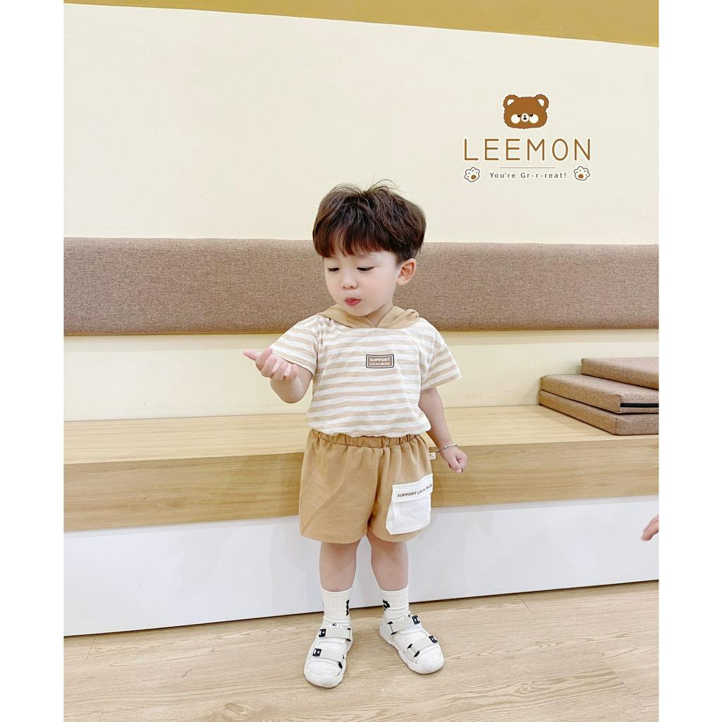 Bộ thun bé trai kiểu HOODIE kẻ ngang in tag trước ngực