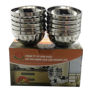 Bộ 10 bát cơm INOX 2 lớp cách nhiệt chống nóng Hoàng Gia mẫu xoắn cỡ 14CM (Bạc)