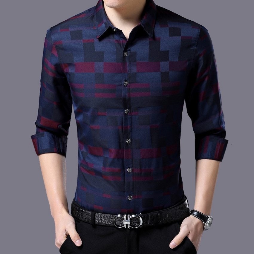 Áo sơ mi nam dài tay phối sọc ô 3D DT thời trang Erina cao cấp form áo chuẩn