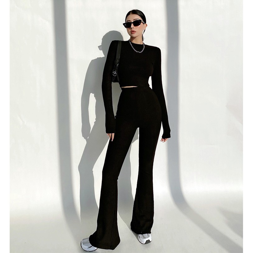 Bộ Đồ Thể Thao Áo Thun Tay Dài + Quần Dài Lưng Cao Ống Loe Thời Trang Cho Nữ