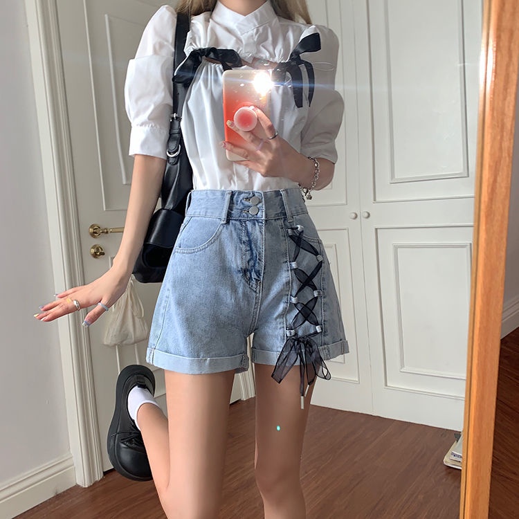 Quần Short Denim Lưng Cao Ống Rộng Thiết Kế Cột Dây Dáng Chữ A Phong Cách Đường Phố Cá Tính Cho Nữ