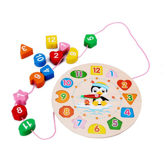 Đồ chơi đồng hồ xâu hạt chim cánh cụt đáng yêu cho bé học giờ