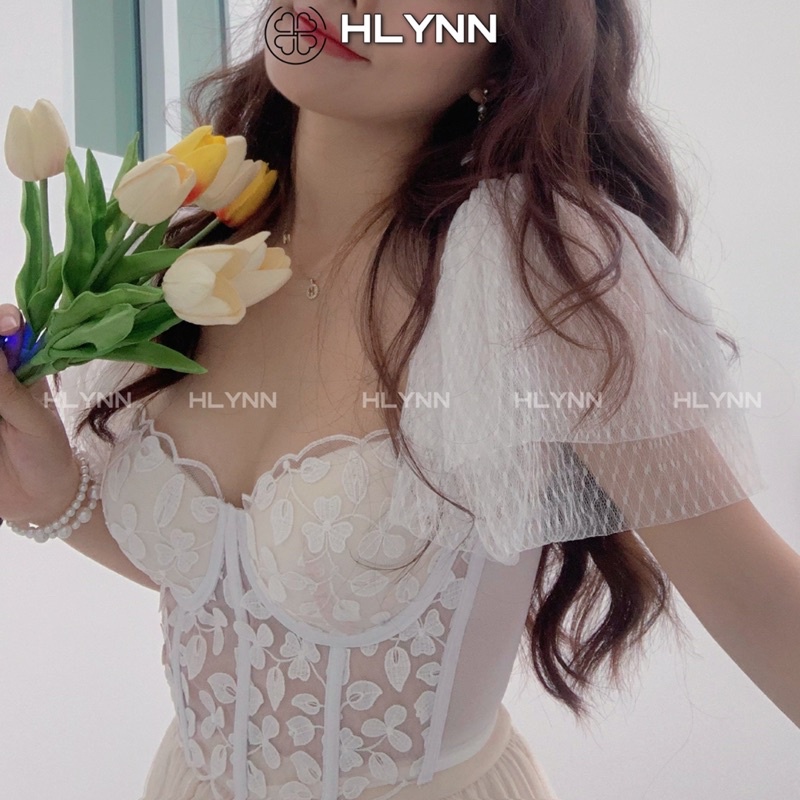 Áo corset ren hoa nổi tay cánh tiên có gọng mút dày 2cm m182