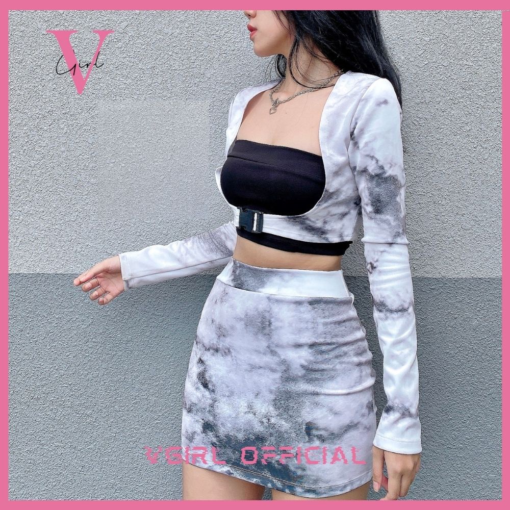 Set 2 món áo tay dài và chân váy nữ VGIRL có khoá bấm hoạ tiết loang hot trend [ẢNH ĐỘC QUYỀN]
