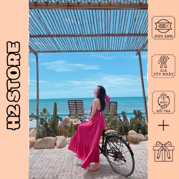 Váy maxi lụa cổ buộc dây xoè tầng thắt dây lưng siêu hot kèm cột tóc 3 màu đủ size S M L Huyen hip